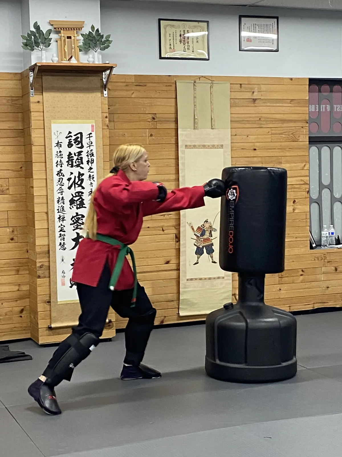 Adult student kicking a heavy bag at Empire Dojo